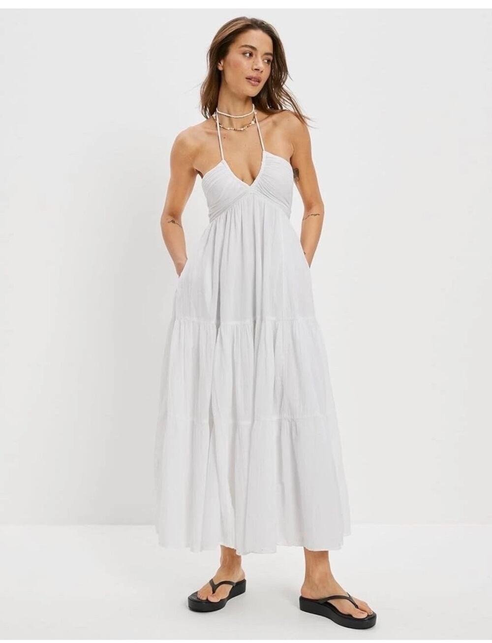 American Eagle Dress White Midi Tiered Coquette Cottage-core AEO Sz M